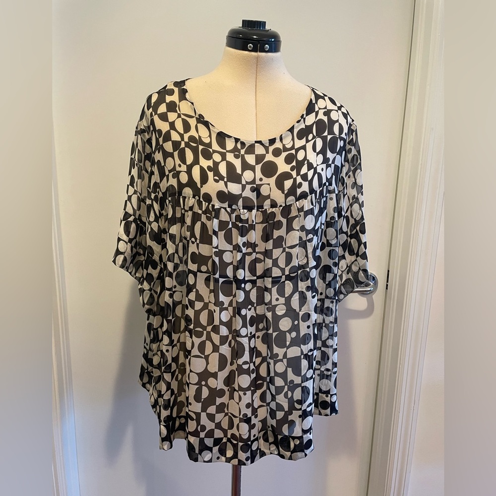 Dries Van Noten Black and White Sheer Geometric Print Silk Top Size 44.